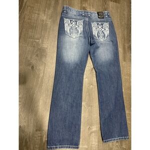 VICTORIOUS Men VTG Y2K Wing Cross Embroidered Denim Jeans Faded 36x32 Rhinestone